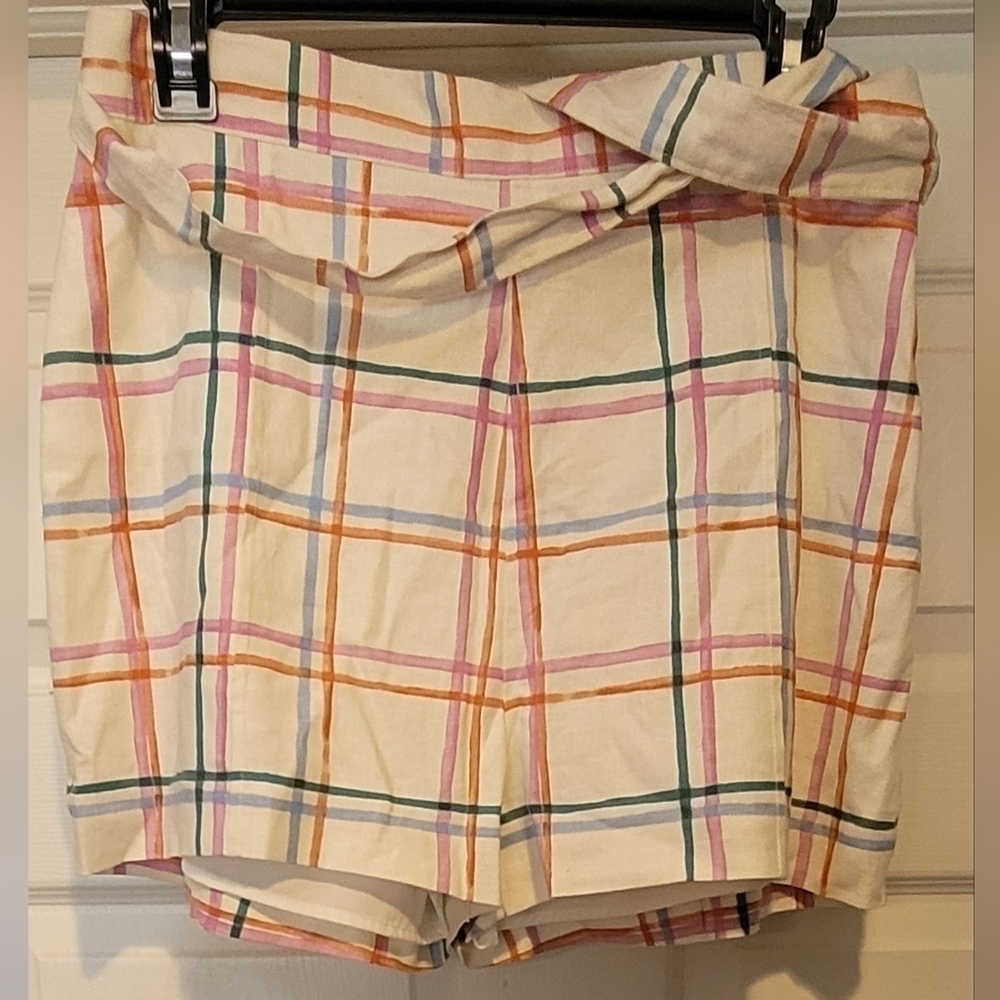 NWT $69 Women's WAYF Multi Colored Checker Linen Blend Summer Shorts Belt Size M